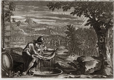 Royaumont Biblia, Ószövetség: Gyapjúcsoda. Gedeon (Gideon) Istentől szerezte meg a gyapjú csodáját annak bizonyítékául, hogy ő választotta, és népe felszabadítójává teszi. Illusztráció 1811-ből. alkotó: Unknown artist
