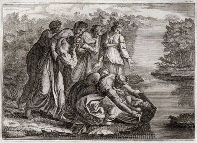 Royaumont Biblia, Ószövetség: Mózes megmenti a vizet. A fáraó lánya kivonta Mózest a Nílus vizéből, és örökbe fogadta fiának. Illusztráció 1811-ből. alkotó: Unknown artist