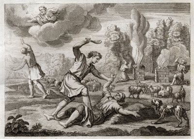 Royaumont Biblia, Ószövetség: Ábel meggyilkolása. Káin irigykedve hordja testvérét Ábel ellen, kiviszi a vidékre, mintha sétálna, és megöli. Illusztráció 1811-ből. alkotó: Unknown artist