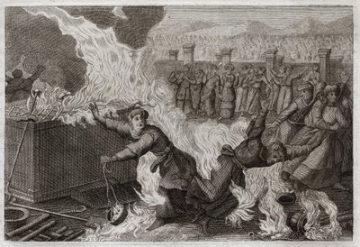Royaumont Biblia, Ószövetség: Nadab és Abiu. Nádáb (Nadav) és Abiu (Abihou), Áron fiai, akik idegen tüzet gyújtottak tömjéneikbe, hogy tömjént kínáljanak Istennek, magában a hajlékban elégették meg. Illusztráció 1811-ből. alkotó: Unknown artist