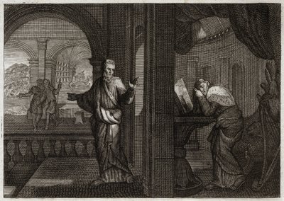 Royaumont Biblia, Ószövetség: Dávid bűnbánata. Isten elküldi Nátán prófétáját Dávidhoz, hogy képviselje hibáját. Az a sajnálat, amit ez a szent király kitalált belőle, arra készteti, hogy elfogadja mindazt a rosszat, amit a próféta megjósolt neki. Illusztr alkotó: Unknown artist