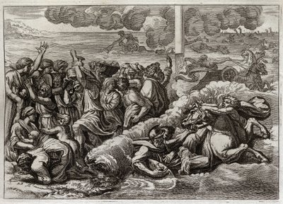 Royaumont Biblia, Ószövetség: A fáraó elmerül a Vörös-tengerben. A Vörös-tenger áthaladása Mózes és a héberek által, megfulladva a fáraó seregét. Illusztráció 1811-ből. alkotó: Unknown artist