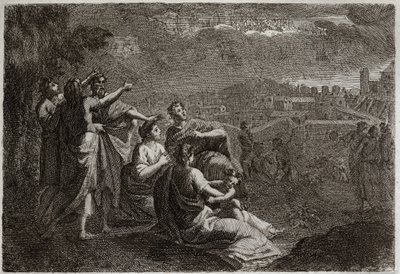 Royaumont Biblia, Ószövetség: Jóslatok Jeruzsálemről. Isten feladta a fegyvert a levegőben Jeruzsálemben, hogy elragadja a gonoszokat, amelyek elolvadtak rajta. Illusztráció 1811-ből. alkotó: Unknown artist