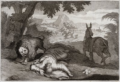 Royaumont Biblia, Ószövetség: A próféta engedetlen. Egy prófétát, aki elvette Jeroboámot istentelenjétől, megöli egy oroszlán, mert nem engedelmeskedett az Úrnak, aki megtiltotta neki, hogy igyon és egyen ezen a helyen. Illusztráció 1811-ből. alkotó: Unknown artist