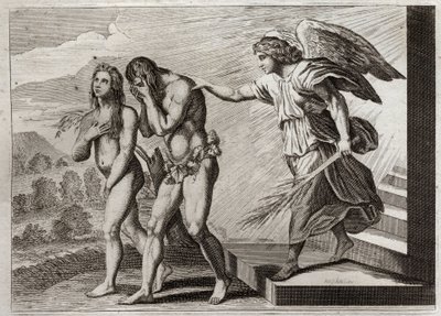 Royaumont Biblia, Ószövetség: Ádám büntetése. Isten kiűzi Ádámot és Évát a Paradicsomból, miután elestek, és egy Cherubint állít az ajtó elé, hogy megvédje bejáratukat. Illusztráció 1811-ből. alkotó: Unknown artist