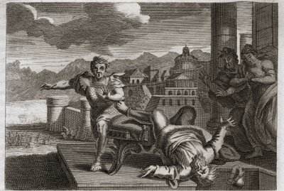 Royaumont Biblia, Ószövetség: Héli büntetése. Isten, hogy megbüntesse Heli (Eli) nagypapot a gyermekei parancsának átvételekor elkövetett hanyagságáért, megengedi neki, hogy leessen a helyéről és betörje a fejét a halálhír hallatán. alkotó: Unknown artist