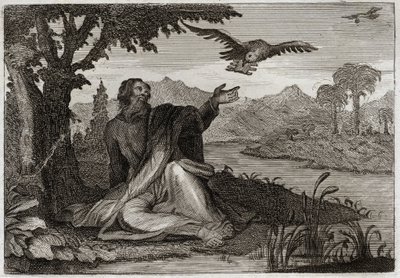 Royaumont Biblia, Ószövetség: Illés hollói. Isten a földet sújtotta egy hároméves meddőgyulladással, Illés prófétát elküldte egy patakon, vagy két varjú hozott neki élelmet. Illusztráció 1811-ből. alkotó: Unknown artist