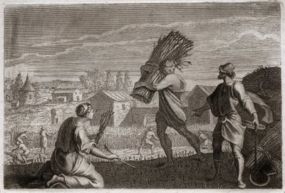Royaumont Biblia, Ószövetség: Ruth követi anyósát, Noémit (Naomi, Noémi) Júda földjén, és learatja Boáz (Boáz) búzamezőit. Illusztráció 1811-ből. alkotó: Unknown artist