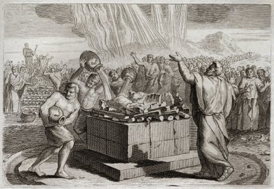 Royaumont Biblia, Ószövetség: Illés áldozata. És megismertette az igaz Istent a tűz csodájával, amely az égből szállt alá az ő áldozatára, és megparancsolta a népnek, hogy öljék meg a Baál bálványának négyszázötven papját. Illusztrált alkotó: Unknown artist