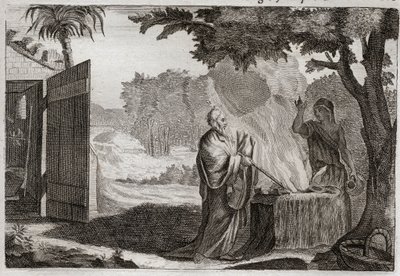 Royaumont Biblia, Ószövetség: Gedeon áldozata. Gedeont (Gideont) hívta el Isten, hogy vegye el a zsidókat ellenségeiktől. Kövön mutat be áldozatot, amelyből tűz jön ki, amely megemészti. Illusztráció 1811-ből. alkotó: Unknown artist