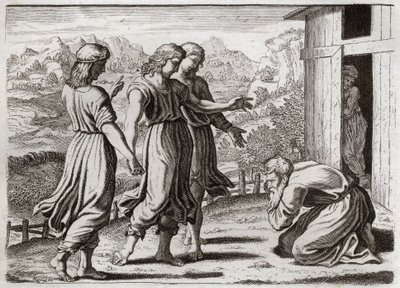 Royaumont-i Biblia, Ószövetség: Sara megcsalja Izsákot. Ábrahám három angyalt fogad, akik megígérik Sárának (Sárának), hogy egy év múlva fia lesz. Illusztráció 1811-ből. alkotó: Unknown artist