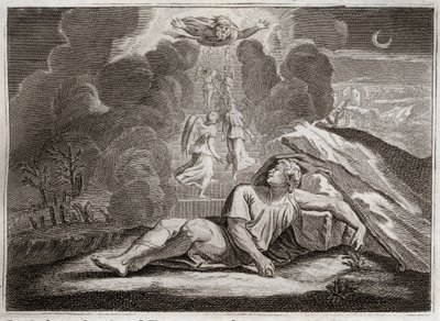 Royaumont Biblia, Ószövetség: Jákob mérlege. Jákob Ézsau haragja elől menekül, titokzatos létrán alszik. Illusztráció 1811-ből. alkotó: Unknown artist