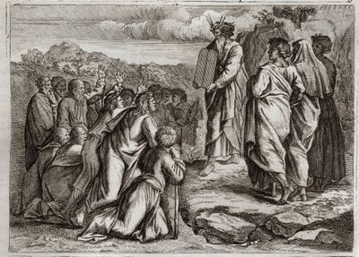 Royaumont Biblia, Ószövetség: A törvény második táblázatai. Isten más táblázatokat is ad Mózesnek (Tízparancsolat), amelyeket az emberek tisztelettel fogadnak. Illusztráció 1811-ből. alkotó: Unknown artist