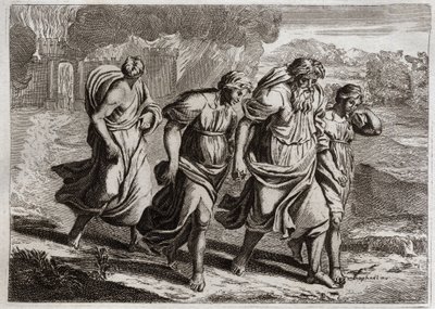 Royaumont Biblia, Ószövetség: Sodom brulee. Isten felbosszantja Szodoma utálatos bűneit, felgyújtja a többi szomszédos várossal együtt, tűzesővel és kénesővel, amelyet az égből éget el (Loth, lányai és felesége a városból menekülve). Illustr alkotó: Unknown artist