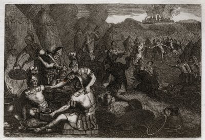 Royaumont Biblia, Ószövetség: Sicelág tolvajok. Néhány amáleki eljön, hogy Dávid távollétében kifosztja Siceleget. Dühösen fut, és elveszíti őket. Illusztráció 1811-ből. alkotó: Unknown artist