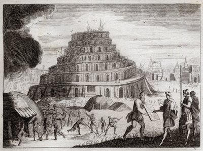 Royaumont Biblia, Ószövetség: Bábel tornya. Az emberek hiúságból egy tornyot akarnak a mennybe emelni. Isten megakadályozza ezt a munkát azzal, hogy összezavarja a nyelvüket, hogy többé ne hallják egymás beszédét. Illusztráció 1811-ből. alkotó: Unknown artist