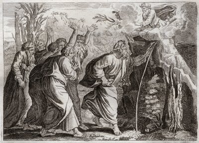 Royaumont Biblia, Ószövetség: Víz a sziklából. Mózes vizet hoz ki a sziklából, és inni ad Izráel népének. Illusztráció 1811-ből. alkotó: Unknown artist