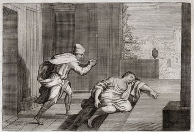 Royaumont bibliája, Ószövetség: A felháborodott lévita asszonya. Levita feleségét holtan találták az ajtóban, miután gengszterek bántalmazták. Illusztráció 1811-ből. alkotó: Unknown artist