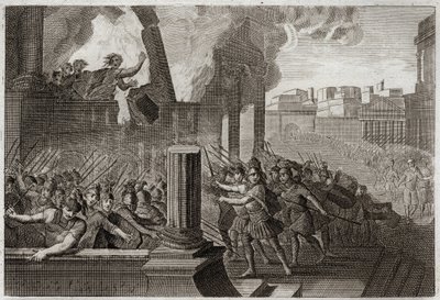 Royaumont Biblia, Ószövetség: Zambri megég. Zambri, miután fellázadt Ela, Izrael negyedik királya ellen, ostrom alá veszi Thersát, ahol megégeti magát egész családjával a palotájában. Illusztráció 1811-ből. alkotó: Unknown artist