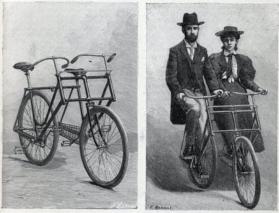 A kerékpár két üléssel rendelkezik a „Punnett Cycle” gyártótól, kerékpárosok nélkül és kerékpárral. Metszet a "" La Nature"-be alkotó: Unknown artist