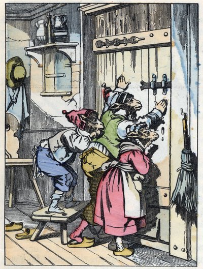 Biquets hallgatja, ki kopogtat az ajtón. A „Compere le Loup, Maitre Renard, Comere la Chevre et ses petits biquets” című mese illusztrációja Jean de la Fontaine meséje után. A „” Mesék otthonról a kicsiknek” c. Névtelen metszet az 1 alkotó: Unknown artist