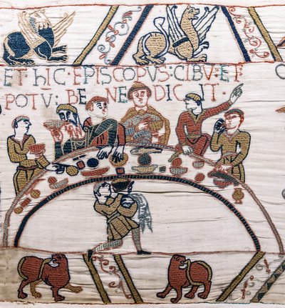 Odo püspök megáldja az ételeket és a bort, Bayeux gobelin (gyapjú hímzés vászonra) alkotó: Unknown artist