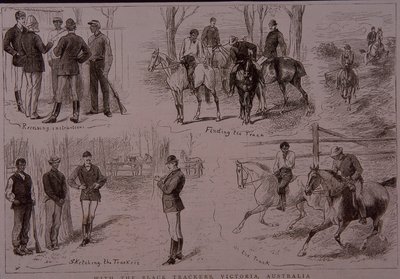 Fekete nyomkövetők a bushrangers nyomában Victoria-ban, Ausztráliában 1881-ben (metszet) alkotó: Unknown artist