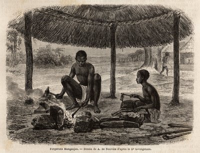Kovács mangandzsa (a Zambeze régió etnikai csoportja). Metszet Dr. Livingstone első dél-afrikai útjainak illusztrálására 1840 és 1856 között, az Edouard Charton irányítása alatt megjelent „Le tour du monde, nouveau Journal des voyages” c. alkotó: Unknown artist