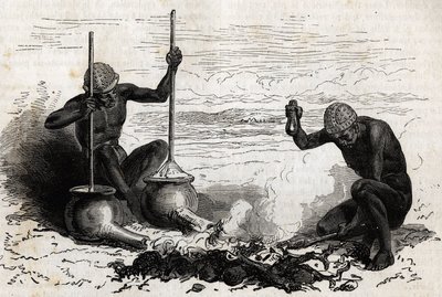Lakoutas kovácsok (a Felső-Nílus vidékén található törzs), egy villás faág fogóként, két kő kalapácsként és üllőként szolgál, két földes edény hosszú csövekkel az alján szenet fújtatóként, az edények szilárdak. darab s alkotó: Unknown artist