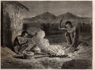 Kovácsok Simiangóban, a Zambese folyó partján. Metszet Dr. Livingstone első dél-afrikai útjainak illusztrálására 1840 és 1856 között, az Edouard Charton irányítása alatt megjelent „Le tour du monde, nouveau Journal des voyages” c. alkotó: Unknown artist