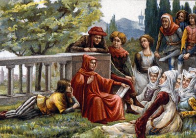 Boccaccio (Boccaccio) a Dekameront olvassa fel barátainak az 1348 körüli firenzei pestisjárvány idején. A 19. század végének kromolitográfiája. alkotó: Unknown artist