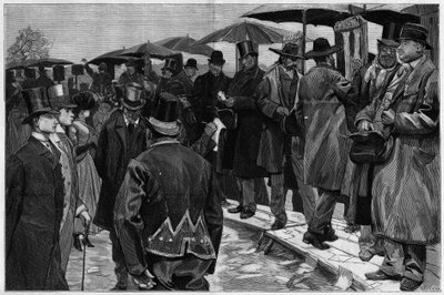 Bukmékerek az auteuil-i lóversenypályán, mielőtt a piketeket eltávolították, a „Le Monde Illustré”-ben, 1887. alkotó: Unknown artist
