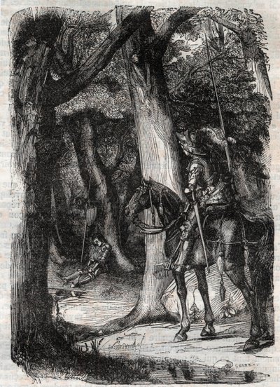 Bradamante apercoit Pinabel (Pinabello) - Ludovico Ariosto (16. századi) „” Roland furieux” (Orlando furioso) metszete (16. század), Ariosta néven ismert – Tressan gróf olasz nyelvről fordított kiadása, Gustave Harvard kiadása 1851 alkotó: Unknown artist