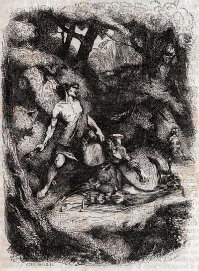 Bradamante terrassee egy óriástól – 1851-es metszet Ludovico Ariostotól (Orlando furioso) a „" Furious Roland" (Orlando furioso) (16. század) -tól, Ariosta néven ismert - Tressan gróf olasz nyelvről fordított kiadása, Gustave Harvard 1851. alkotó: Unknown artist