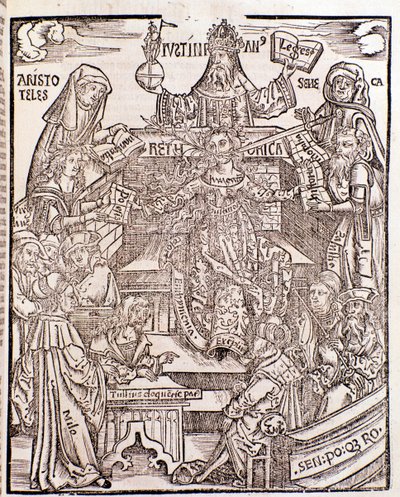 Az Arisztotelész által képviselt tudáságak (bal felső sarokban) a természetfilozófiát, a jobb oldalon Seneca az erkölcsfilozófiát, a Justinianus császár (fent középen) képviseli. A középső nő kardja és egy virágzó ága száll ki belőle alkotó: Unknown artist