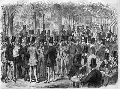 Brókerek a kis Bourse du Boulevard des Italians közelében Párizsban, Franciaországban. Metszet a „The Illustrous Universe”-be alkotó: Unknown artist