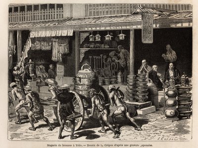 Yedo (vagy Edo, mai Tokió) bronzüzlete, a város különlegessége, ahol a buddhista istentisztelet tárgyait mutatják be: harangokat, gongokat, dobokat, vázákat, kandelábereket, tömjéneket és szobrokat, de olyan rituális tárgyakat is, mint a szaké dobozok, lám alkotó: Unknown artist