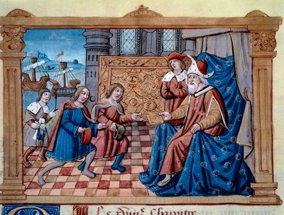 Nicolo és Matteo Polo testvéreket, a fiatal Marco Polo (1254-1324) apját és nagybátyját a Qubilai (Kubilai kán, a mongol Yuan dinasztia első császára (1215-1294), mongol császár 1271-ben) udvarában fogadták. Miniatűr átvéve: „” A B alkotó: Unknown artist