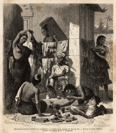 Burmai kereskedők, akik szöveteket és parfümöket árulnak laoszi nőknek egy pagoda ajtajában Muong Maiban. Francis Garnier, de Vaissseau hadnagy 1866-1868-as metszete az indokínai felfedezőút illusztrálására, megjelent a „” Le tour du mond” alkotó: Unknown artist