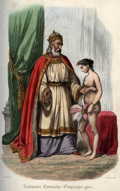 Andronikosz I. Komnénosz bizánci császár (vagy Andronikosz I. Komnénosz (1118-1185 körül) (I. Andronikus I. Komnén) és felesége, francia Ágnes (1171-1240), akit meztelenül kényszerítenek orgiájára. Metszet 1842-ből a „Histoiredes”-ben pápák”” – írta Mauric alkotó: Unknown artist