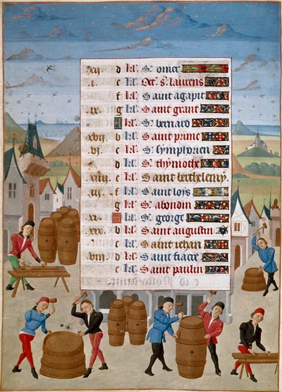 Naptár: augusztus - Boroshordók gyártása - Jean de Rolin mester miniatűrje (15. század) a „Savoyai Adelaide, Burgundia hercegnő óráiból” 1460-1465 Chantilly, Musee Conde alkotó: Unknown artist