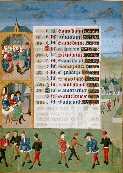 Naptár: Február, a különböző játékok: egyfajta tücsök, kakasviadalok - Jean Rolin mesterének miniatúrája a „Les Hours d