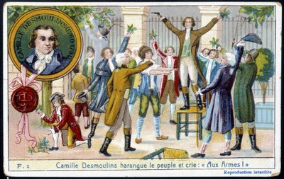 Camille Desmoulins felzavarta az embereket, és azt kiáltotta: „Fegyverrel! „” - chromo., 19. század vége alkotó: Unknown artist
