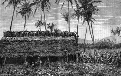 Canaques of New Caledonia (New Caledonia) egy doboz vagy egy gyülekezeti ház előtt. Metszet a "" La Nature"-be alkotó: Unknown artist