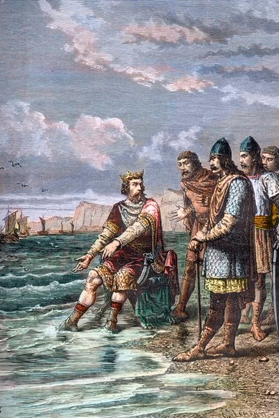 Nagy Canute meggyőzi brókereit, hogy nincs hatalma az árapály megfékezésére – II. Nagy Canut király (I. Nagy Knud) (kb. 995-1035), Anglia királya 1016-tól, Dánia 1018-tól és Norvégia királya 1016-tól 1030 - Megmutatja udvaroncainak, hogy onl alkotó: Unknown artist