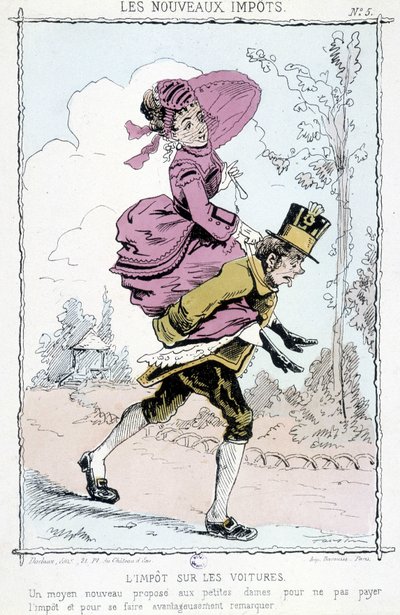 Gépjárműadó: „” új módja annak, hogy a kisasszonyok ne fizessenek adót, és előnyösen észrevegyenek”” - karikatúra az „”új adókról”” alkotó: Unknown artist