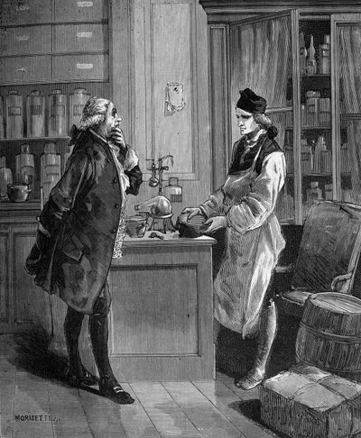 Carl William (Guillaume) Scheele (1742-1788), svéd kémikus laboratóriumában Tobern Bergmann kémikussal (1735-1784). alkotó: Unknown artist