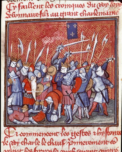 Karoling-dinasztia: „” II. Károly Karoling király azt mondja, hogy a kopasz (823-877) csata közben””” Miniatűr a „” Les grandes Chronicles de France”-ból”” 14. század Chantilly, Musee Conde alkotó: Unknown artist