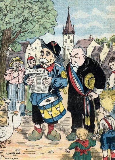 Georges Clemenceau-t és Emile Combes-t ábrázoló karikatúra, amint együtt kampányolnak az 1913-as franciaországi elnökválasztási kampányban (Emile Combes és Georges Clemenceau francia államférfiakat ábrázoló karikatúra, amint együtt indulnak az 1913-as elnö alkotó: Unknown Artist