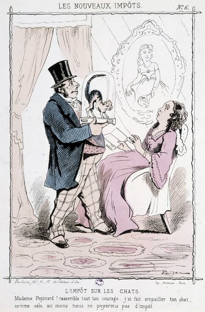 Macskaadó: "" Madame Papinard! Szedje össze minden bátorságát. Kitömtem a macskádat, így legalább nem fizetünk adót”” - karikatúra alkotó: Unknown artist